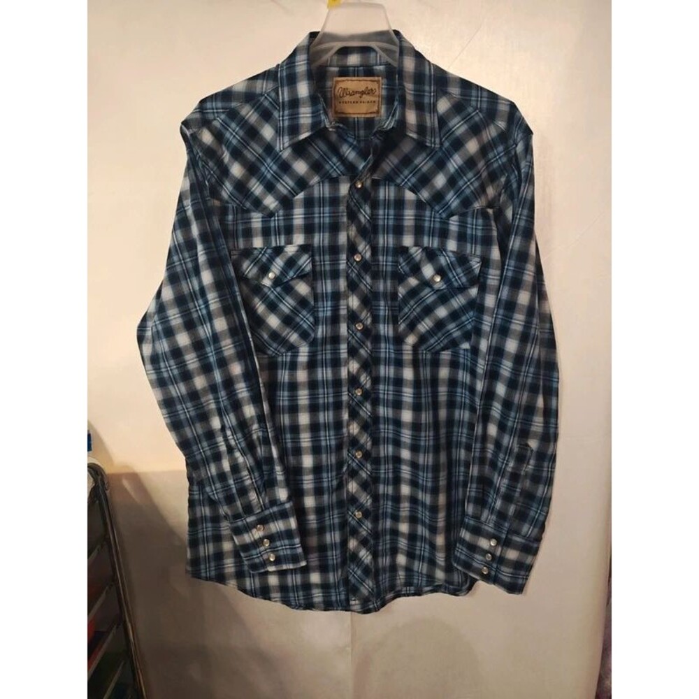 Wrangler Men’s Blue Plaid Long Sleeve Pearl Snap Western Shirt Size M